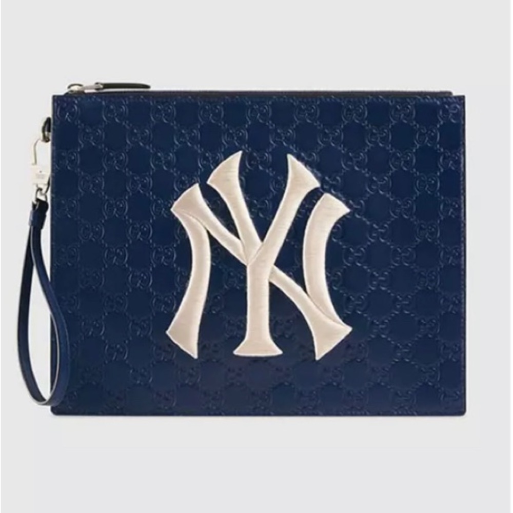 Gucci Men's Leather Blue Pouch With NY Yankees Logo